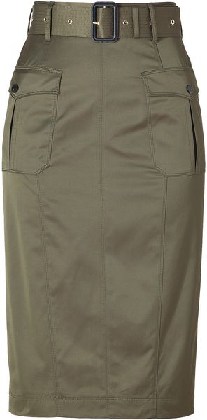 Burberry Aniseed Green Belted Cottonblend Pencil Skirt - Lyst
