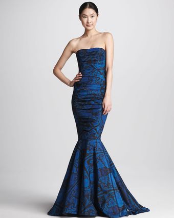 Vera Wang Printed Strapless Ruched Mermaid Gown - Lyst