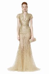 Oscar de la Renta Cap Sleeve V Neck Gown with Floral Embroidery