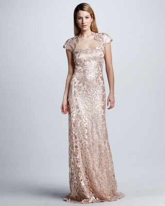 Tadashi Shoji Sequined Lace Capsleeve Gown - Lyst