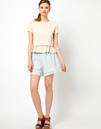 Ganni Silk Lace Trimmed Shorts - Lyst