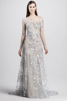 Monique Lhuillier Embroidered Illusion Gown - Lyst