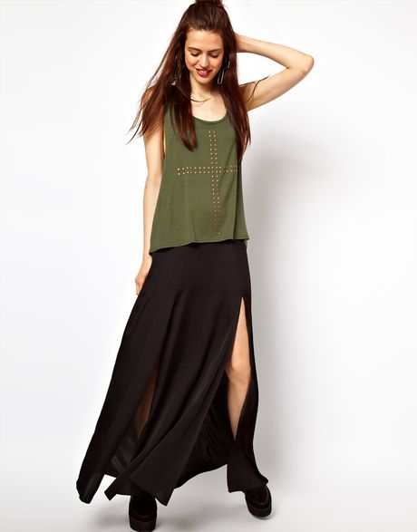 Asos Collection Asos Silky Maxi Skirt with Double Split in Black - Lyst