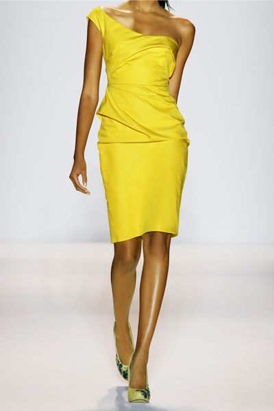 Lela Rose One Shoulder Satin Dress in Yellow