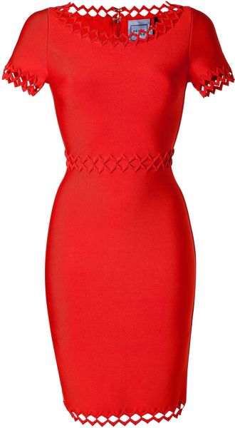 Hervé Léger Poppy Red Short Sleeve Zigzag Trim Bandage Dress - Lyst