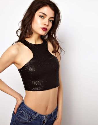 ASOS Collection Asos Crop Top with Racer Neck in Sequins - Lyst