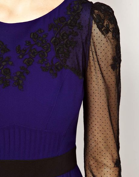 Karen Millen Dress with Flower Embroidery and Sheer Sleeves in Blue | Lyst