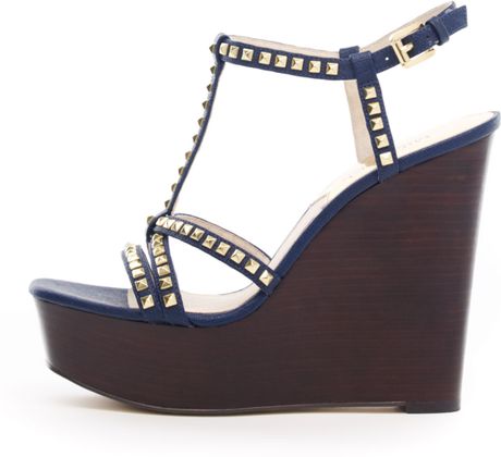 Michael Kors Alexi Studded Tstrap Wedge Sandal in Blue (navy) | Lyst