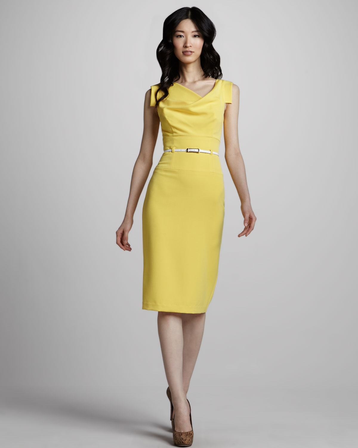 Black Halo Jackie Belted Sheath Dress in Yellow sunflower 