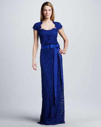 Tadashi Shoji Belted Lace Capsleeve Gown - Lyst