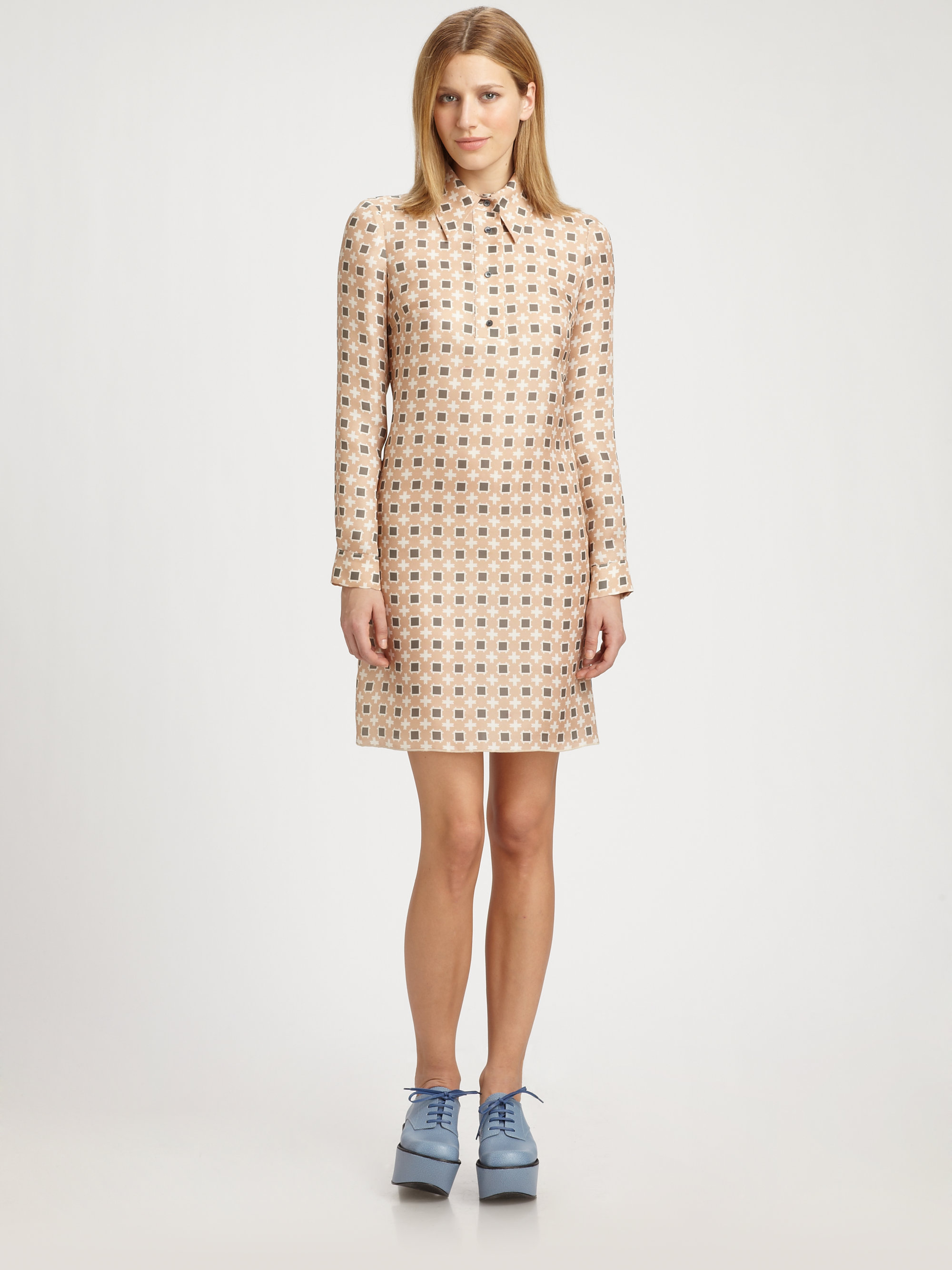 Jil Sander Navy Printed Silk Shirt Dress in Beige (multi) | Lyst