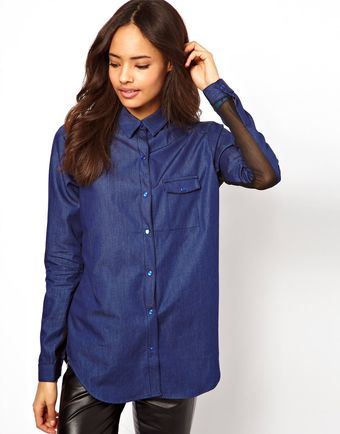Asos Denim Shirt with Chiffon Back - Lyst