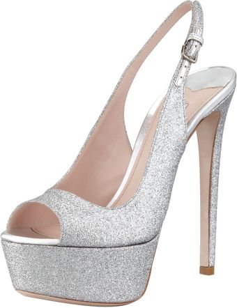 Miu Miu Glitter Platform Slingback Pump Silver - Lyst