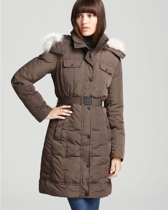 Marc New York Long Belted Coat with Fur Trim Hood - Lyst