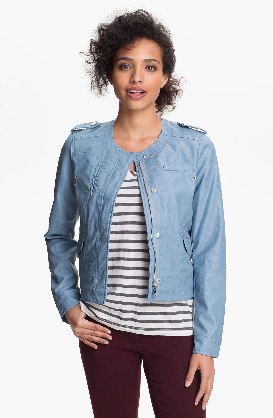 Dkny Collarless Faux Leather Scuba Jacket in Blue (denim) Lyst
