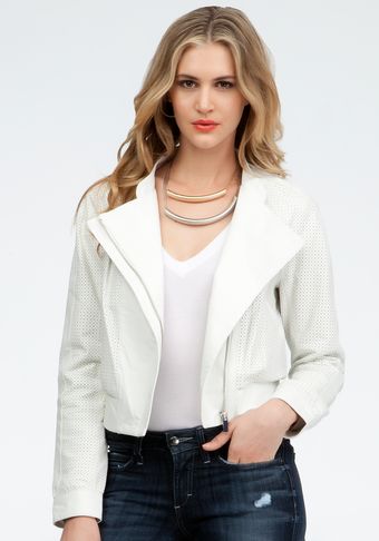 Bebe Perforated Contrast Leather Bomber Jacket - Lyst