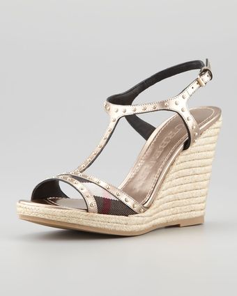 Burberry Studded Metallic T-Strap Espadrille Wedge - Lyst