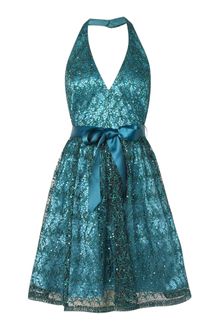 Adrianna Papell Lace Sequin Halter V Neck Dress - Lyst