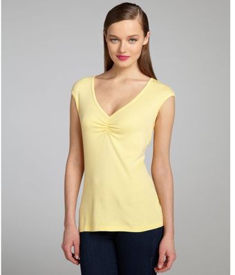 Three Dots Yellow Cotton Blend Shirred Short Cap Sleeve Top - Lyst