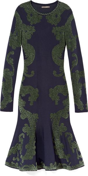 Zac Posen Navy and Green Jacquard Dress - Lyst