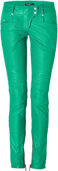 Balmain Low Rise Leather Biker Pants in Green - Lyst