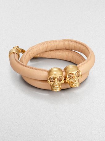 Alexander McQueen Double Skull Leather Wrap Bracelet - Lyst