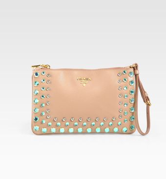 Prada Saffiano Vernice Embellished Wristlet - Lyst
