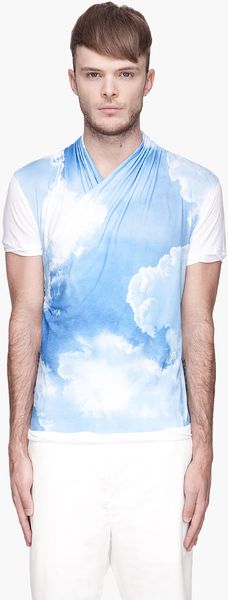 John Galliano White Cloud Print Draping Wrap Tshirt - Lyst