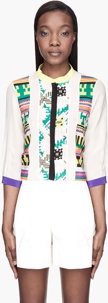 MSGM Beige and Green Patterned Silk Blouse - Lyst