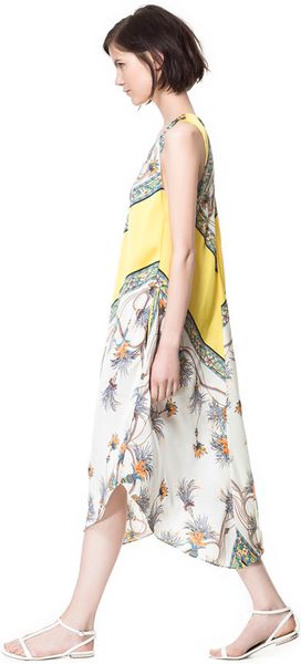 Zara Asymmetric Printed Dress in Yellow