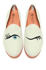 Del Toro Prince Albert Bone Canvas Slipper Loafers with Winking Eye Embroidery