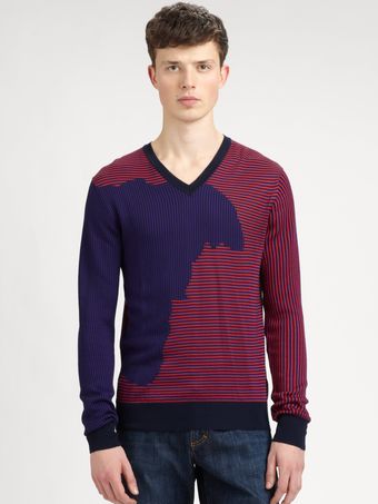 Versace Multistripe Vneck Pullover - Lyst