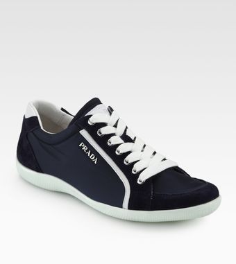 Prada Suede Leather Trimmed Laceup Sneakers - Lyst
