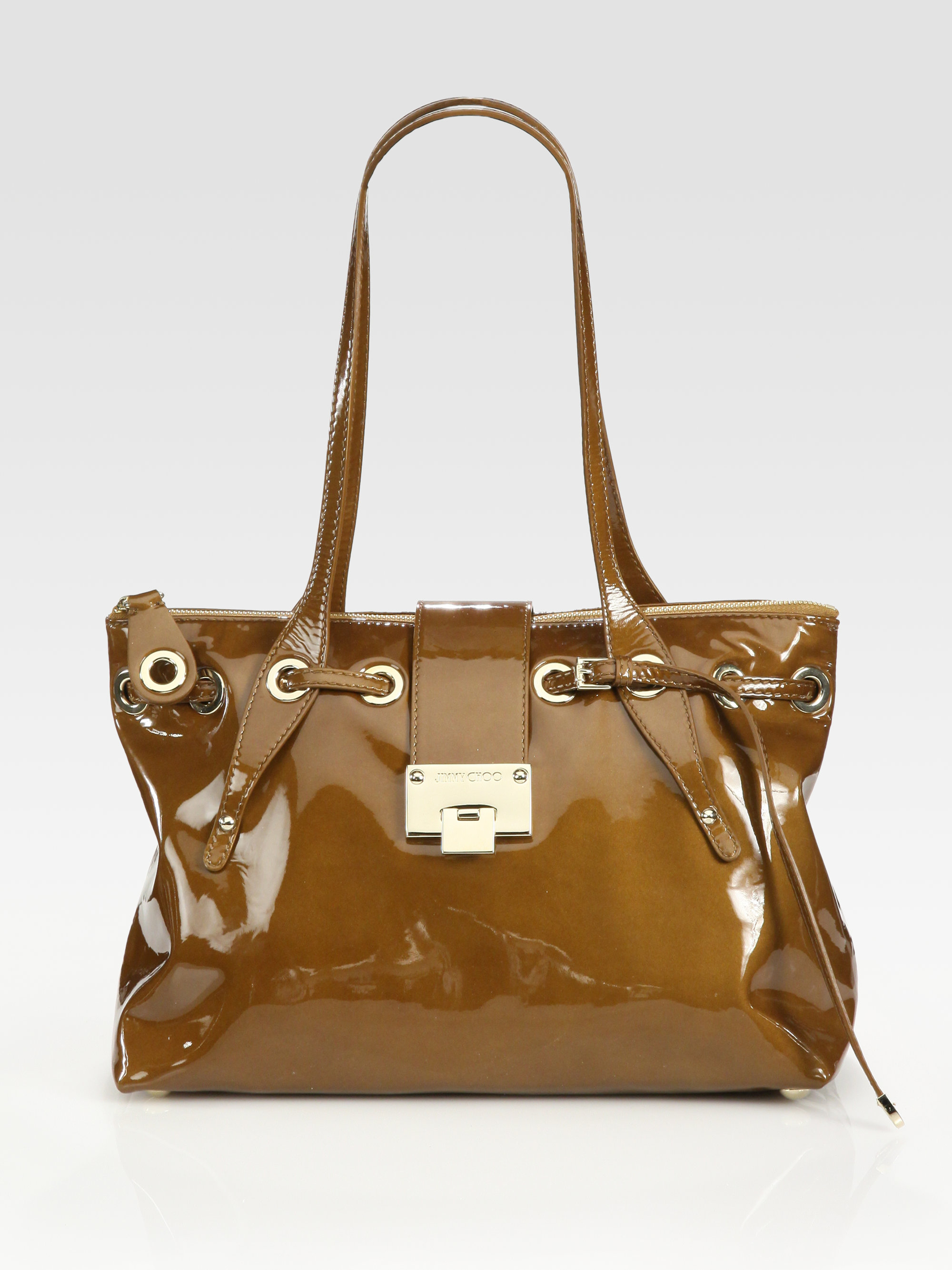 Jimmy Choo Small Patent Leather Tote Bag in Brown (tan) | Lyst