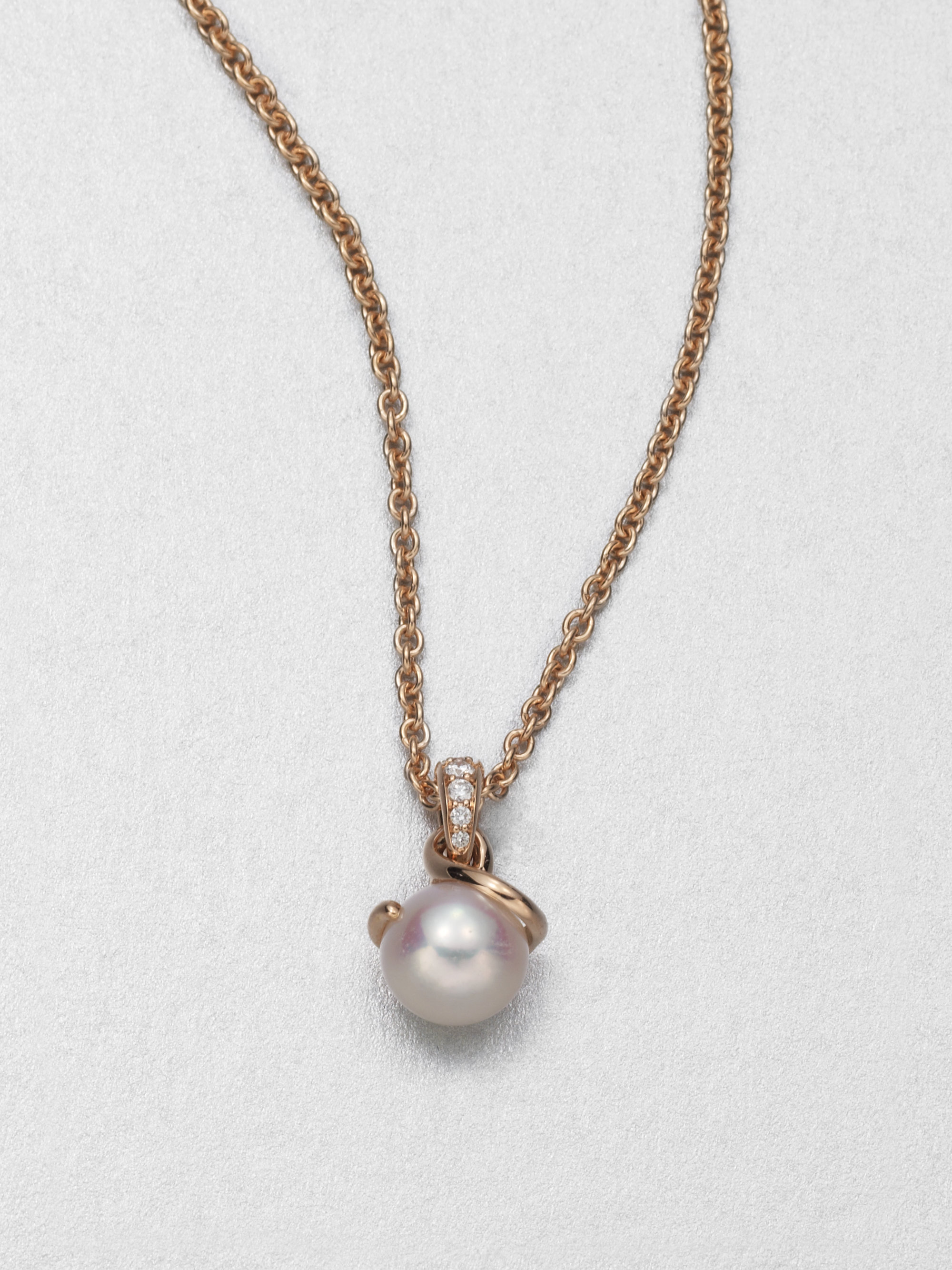 Mikimoto 8mm White Akoya Pearl 18k Rose Gold Diamond Pendant Necklace