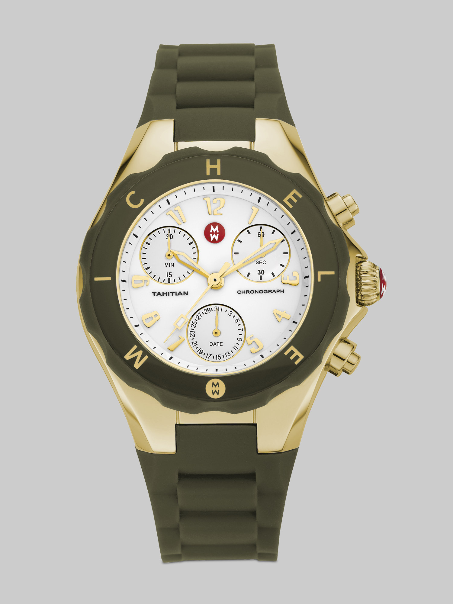 Michele Tahitian Large Jelly Bean Chronograph Watcholive Gold in Black