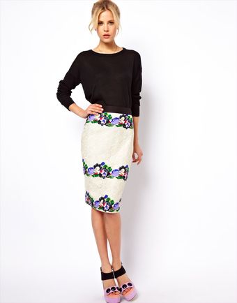 Asos Pencil Skirt in Lace with Floral Applique - Lyst