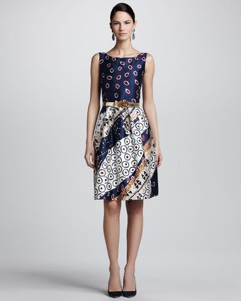 Oscar de la Renta Collageprint Satin Dress Navywhi - Lyst