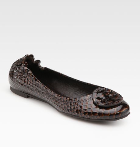Tory Burch Reva Snakeembossed Patent Leather Ballet Flats in Brown