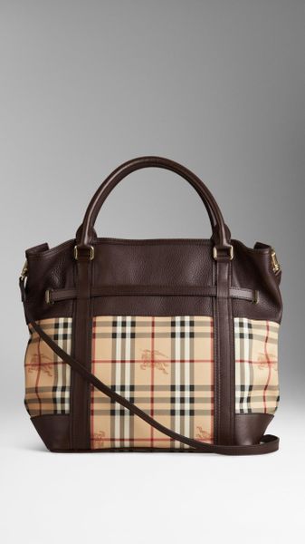 Burberry Medium Leather Haymarket Check Tote Bag in Brown (chocolate) | Lyst