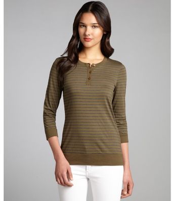 Three Dots Green and Black Striped Cotton Blend Henley Top - Lyst