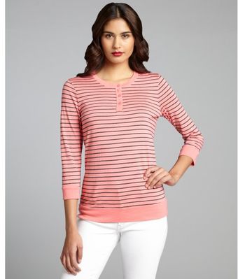 Three Dots Pink and Black Striped Cotton Blend Henley Top - Lyst