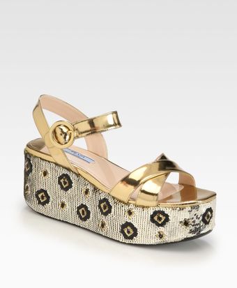 Prada Metallic Leather Sequincoated Wedge Sandals - Lyst