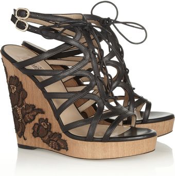 Valentino Laceappliquéd Leather Wedges - Lyst