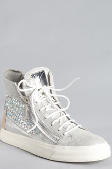 Giuseppe Zanotti Silver Shimmer Leather Crystal Zip Hightop Sneakers - Lyst