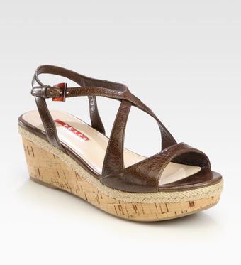 Prada Leather Cork Wedge Sandals - Lyst