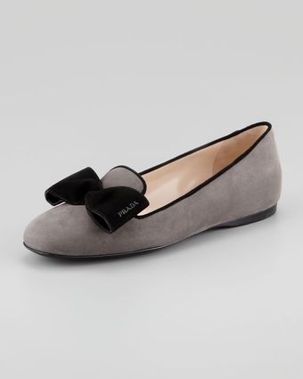 Prada Suede Hidden Wedge Bow Smoking Slipper - Lyst