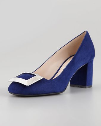 Prada Suede Buckled Blockheel Pump - Lyst