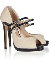 Oscar de la Renta Zucca Croc Effect Leather and Linen Pumps