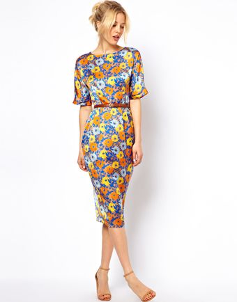 Asos Soft Wiggle Dress in Floral Print with Belt - Lyst